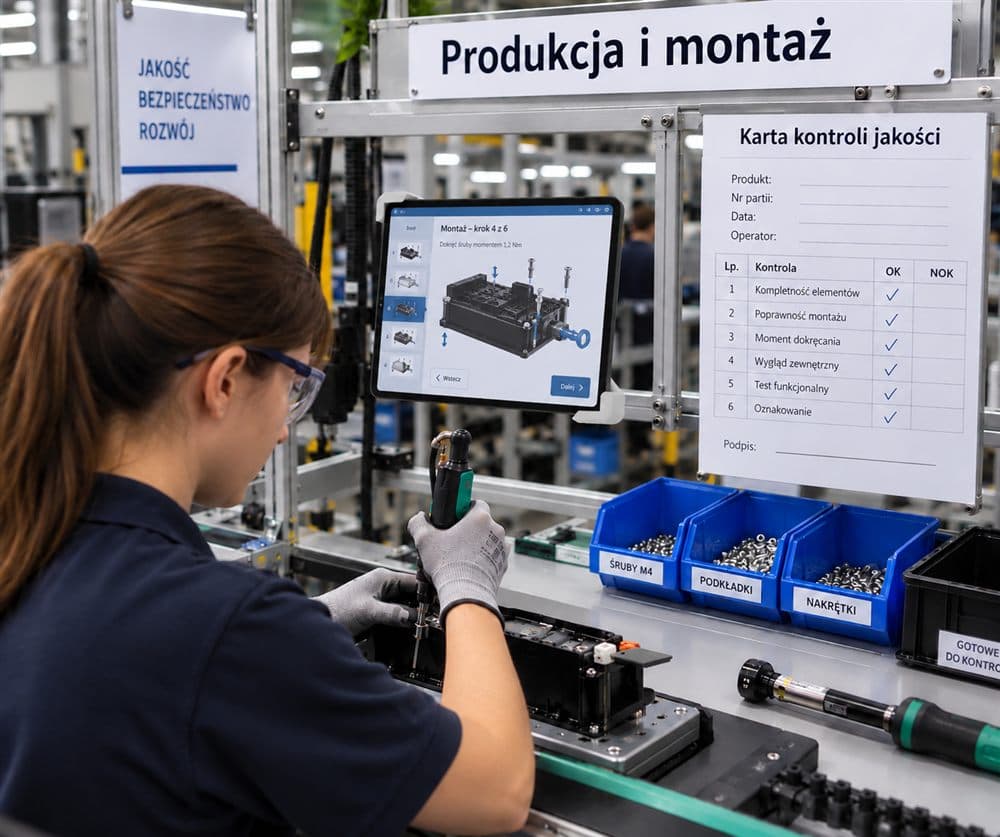 Uchwyt 4HOLD przy stanowisku montażowym, tablet wyświetla instrukcję krok po kroku